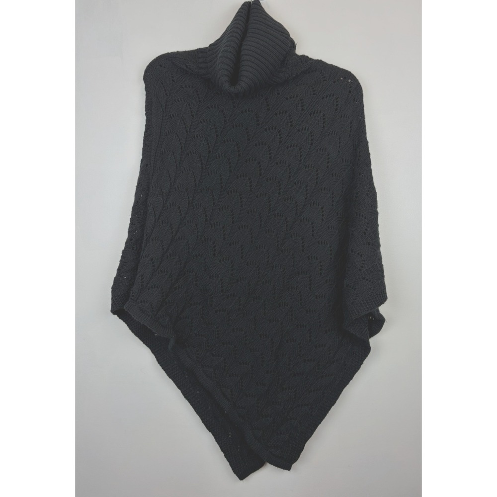 Black Turtleneck Poncho Cable Open Knit Sweater Womens Medium Cowl Luzury